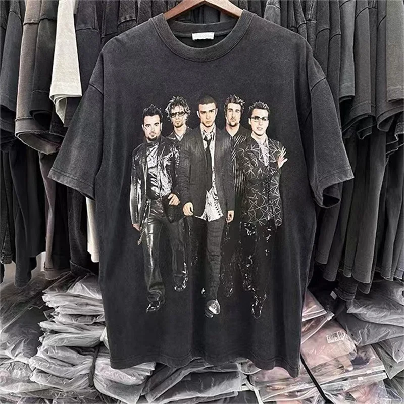 

24ss High Street Rock Band Prints People T-shirt High Quality Washed Loose Tops Mens Womens Vintage Tee