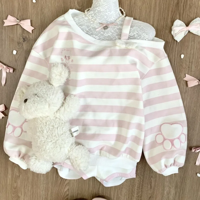 HOUZHOU Kawaii rosa gestreifte Sweatshirts für Damen, Cutecore, schulterfrei, langärmelig, Pullover, süßer japanischer Stil, locker, lässig