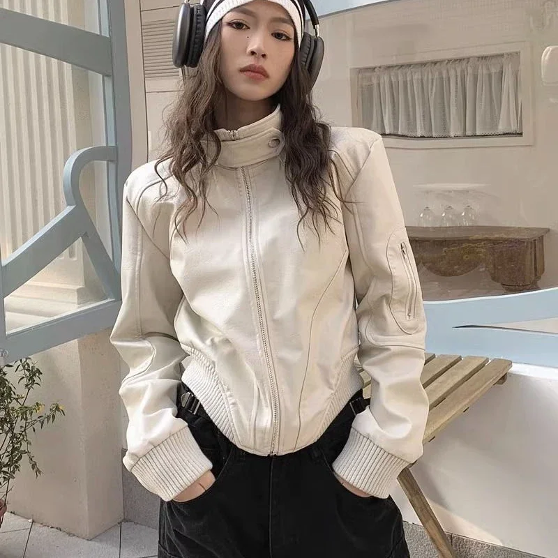 

Gidyq Autumn Women Leather Jacket American Retro Streetwear Loose Motorcycle Coats Casual Female All Match Zipper Outerwear New