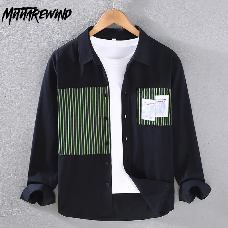 

Korean Fashion Men Black Shirts Spring Summer Streetwear Couple Shirt Causal Pocket Patchwork Shirt Pure Cotton Long Sleeve Top