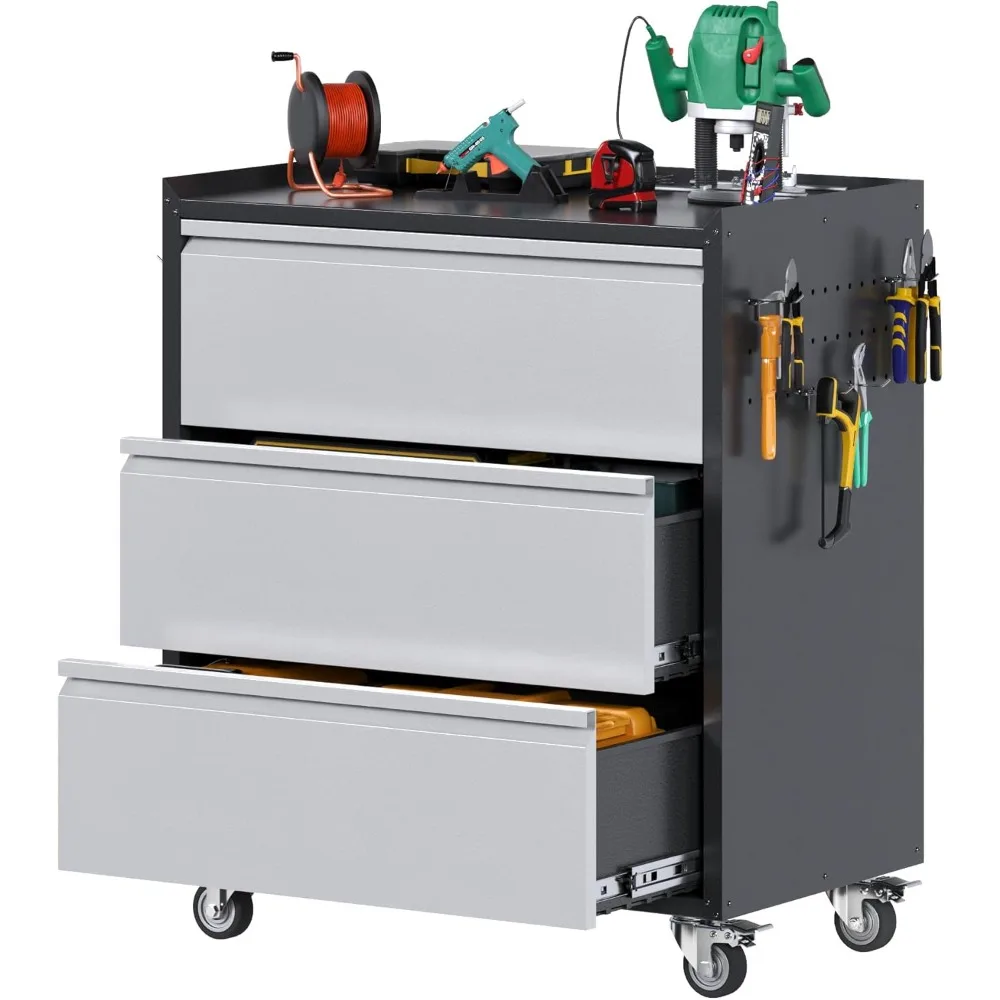 

Tool Storage Garage Cabinet with Wheels, 3 Drawer Tool Chest Rolling Metal Storage Cabinet on Wheels, Assembly Required