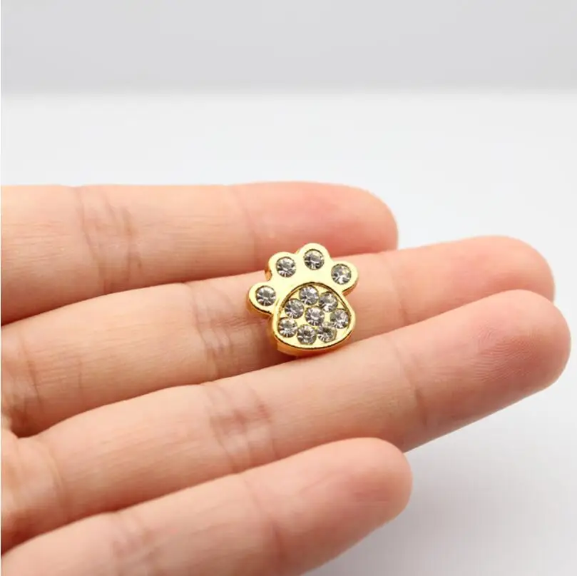 10PC/lot 10MM rhinestones gold color paw heart star butterfly crown Slide Charm For 10mm DIY Bracelet Wristband Jewelrys Making