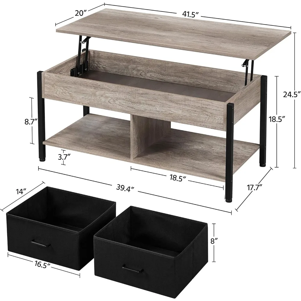 Lift-top Coffee Table with 2 Fabric Baskets & Hidden Storage Compartment, Raisable Top Coffee Table Industrial Center Table
