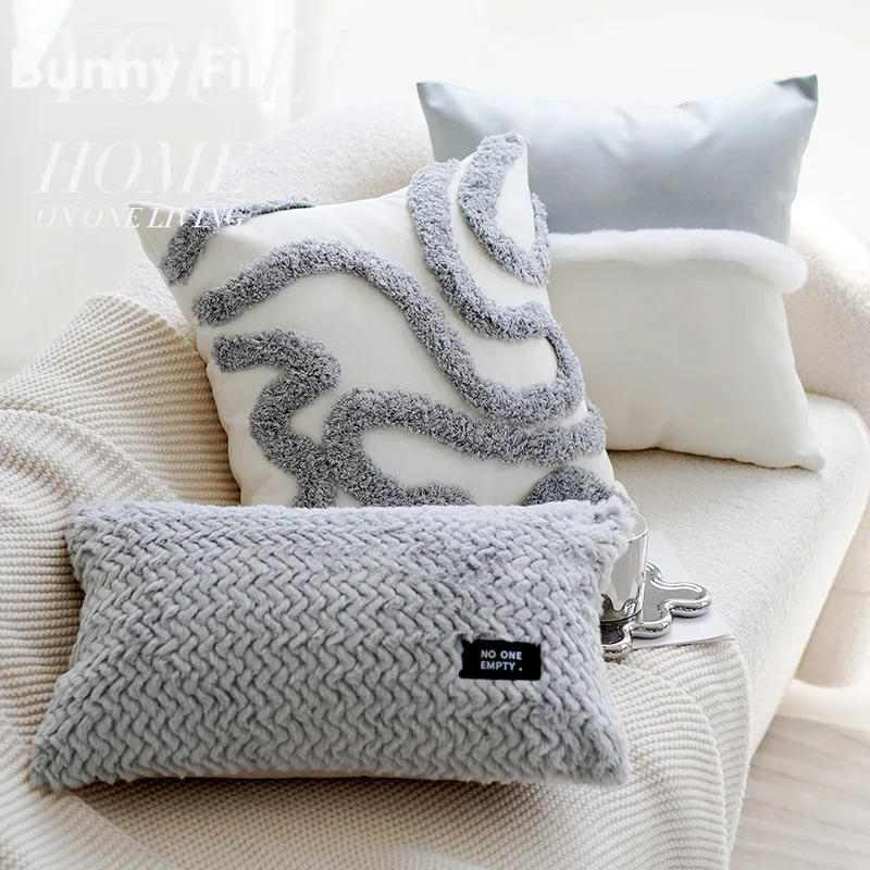 Patchwork Cream Gray Luxury Cushion Covers Embroidered Plush Chenille Decorative Throw Pillow Cases For Sofa Bed Home Decor