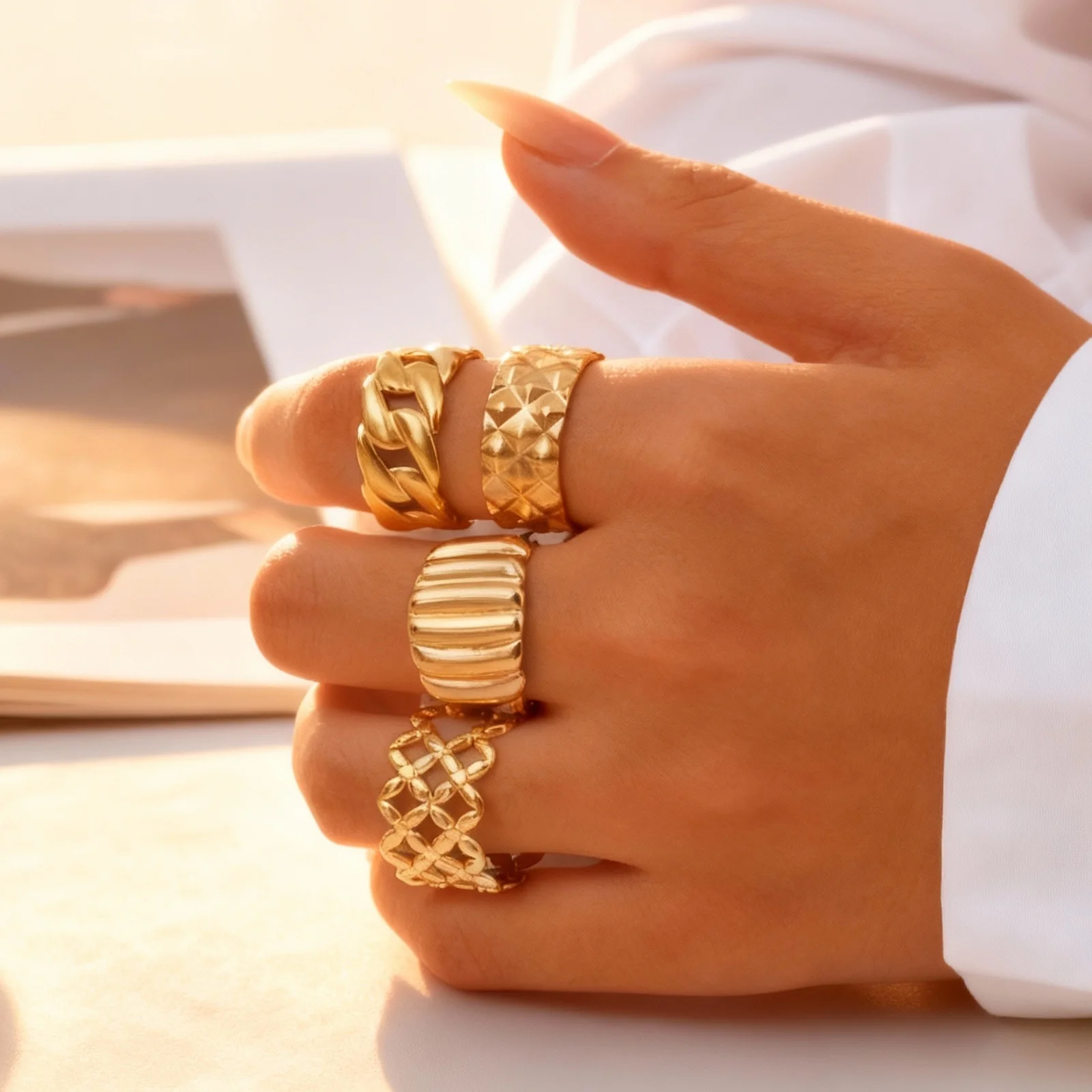 Gold Color Stainless Steel Chunky Wide Rings for Women, Geometric Fashion Open Ring, Waterproof Minimalist Finger Jewelry Gift