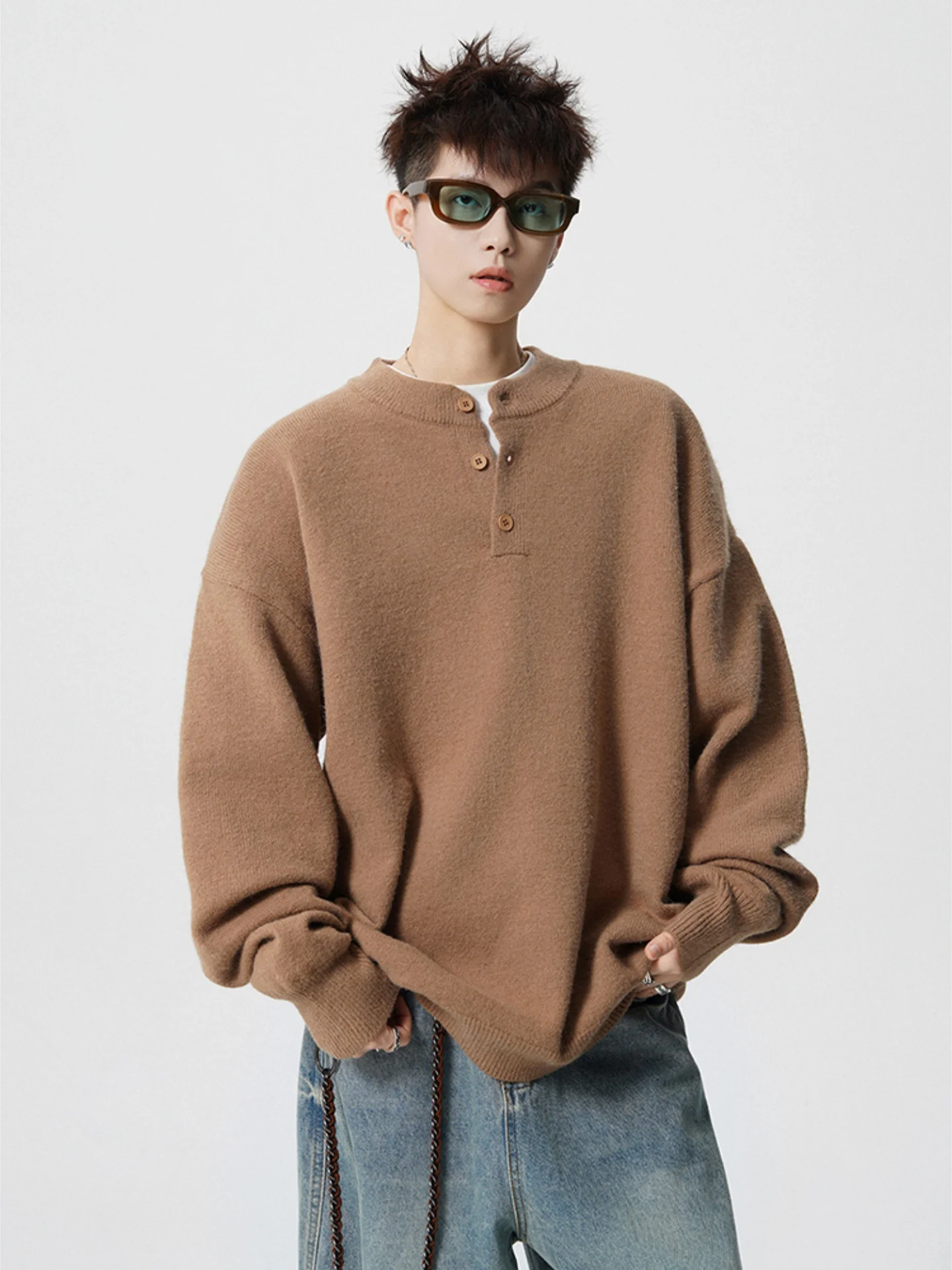 

Мужской вязаный свитер свободного кроя с воротником хенли, базовый, осенний, из комфортной мягкой ткани, с длинным рукавом, повседневный топ