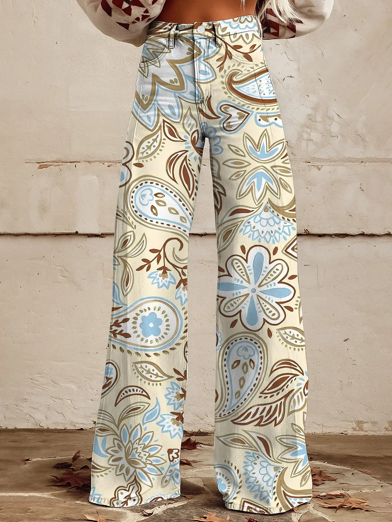 2026Women's printed exquisite pattern wide leg imitation jeans, Regular fit loose jeans suitable for adults,