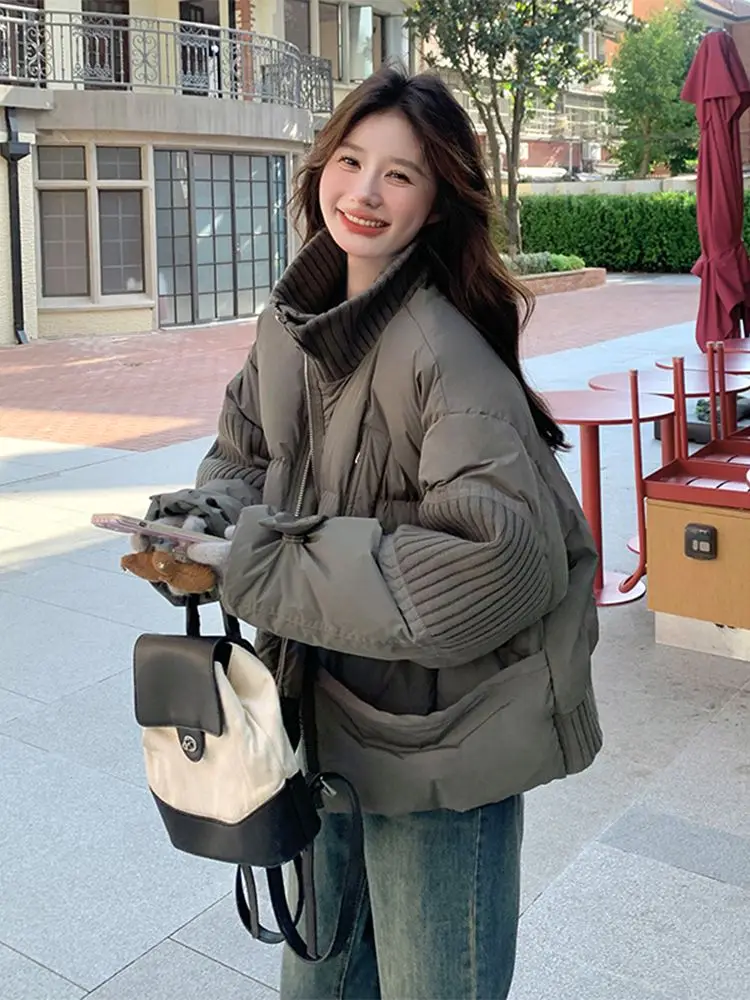 Plus Size Knitted Stitching Solid Color Cotton-padded Jacket Female Korean Thick Warm Cotton Coat