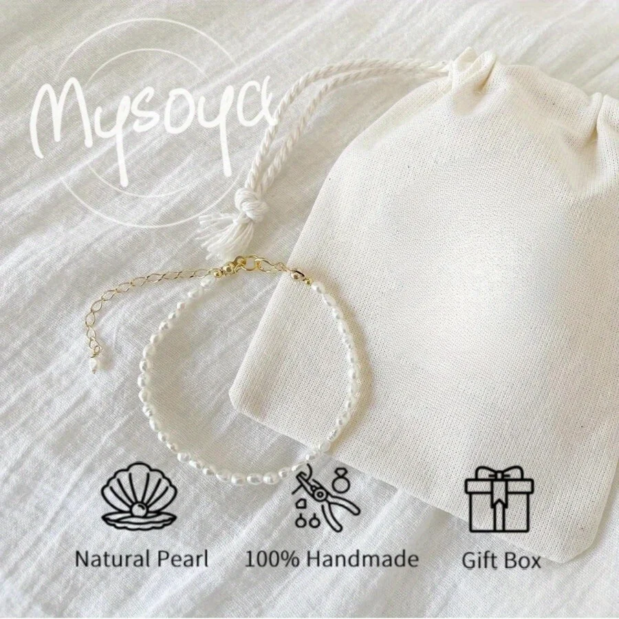 

MYSOYA Natural White Freshwater Pearl Rice Baroque Bracelet 5mm Pearl With Gift Box Perfect For Birthday Wedding Jewelry Gift