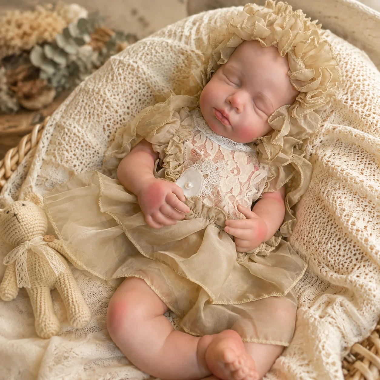 18 Inch Full Body Silicone Reborn Baby Doll Loulou With Khaki Tulle Skirt Hand Painted Soft Touch Bebe Reborn Collectible Art Display Gift