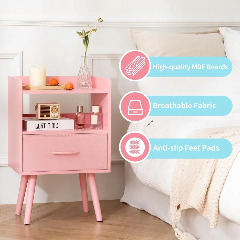 

Night Stand with Fabric Drawer, Modern Nightstand, Bedside Tables, Mid Century Nightstands with Open Storage Shelf,
