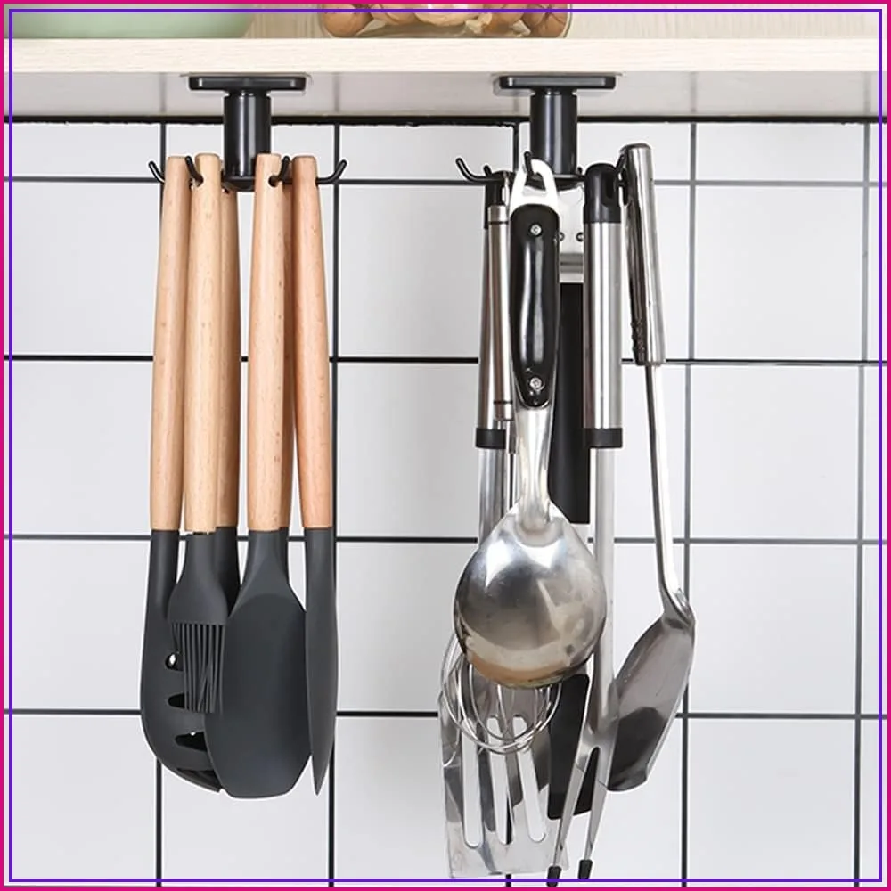 2Pcs 360° Rotation Under Cabinet Hooks, Adhesive Kitchen Hooks for Utensils/Tools/Towel/Knife