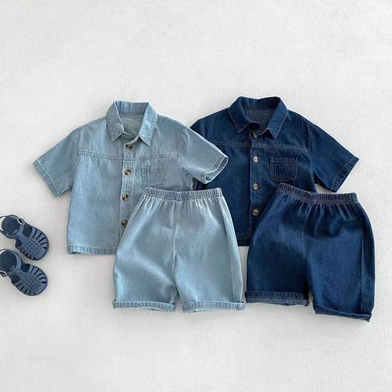 TZ2456 Ensemble de vêtements en jean pour enfants de style coréen, pantalon en jean à manches courte