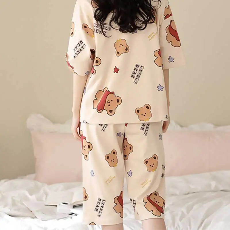 Pajamas Women\'s Summer Seven Pants Cute Star Bear Short-Sleeved Loose Large Size Ladies Home Clothing Can Be Worn Externally