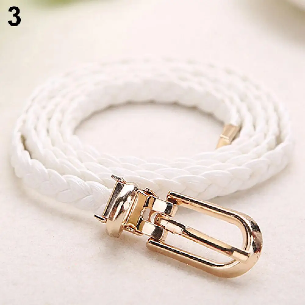 Women Braided PU Leather Narrow Thin Buckle Strap Waist Belt All-Match Waistband Female Thin Belts Ladies Dress Skirt Decoration