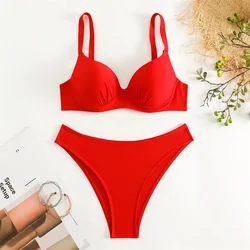 Red Sexy Push Up Bikini Thong Swimwear Underwired Padded Y2K Swimsuit Women Vacation Beach Wear Two Piece Brazilian Bathing Suit