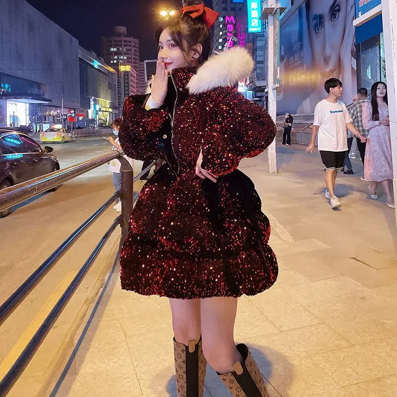 Winter Coat Women Down Cotton Jacket Women's Winter New Korean Version Fashionable Hooded Mid Long Sequined Thick Coat