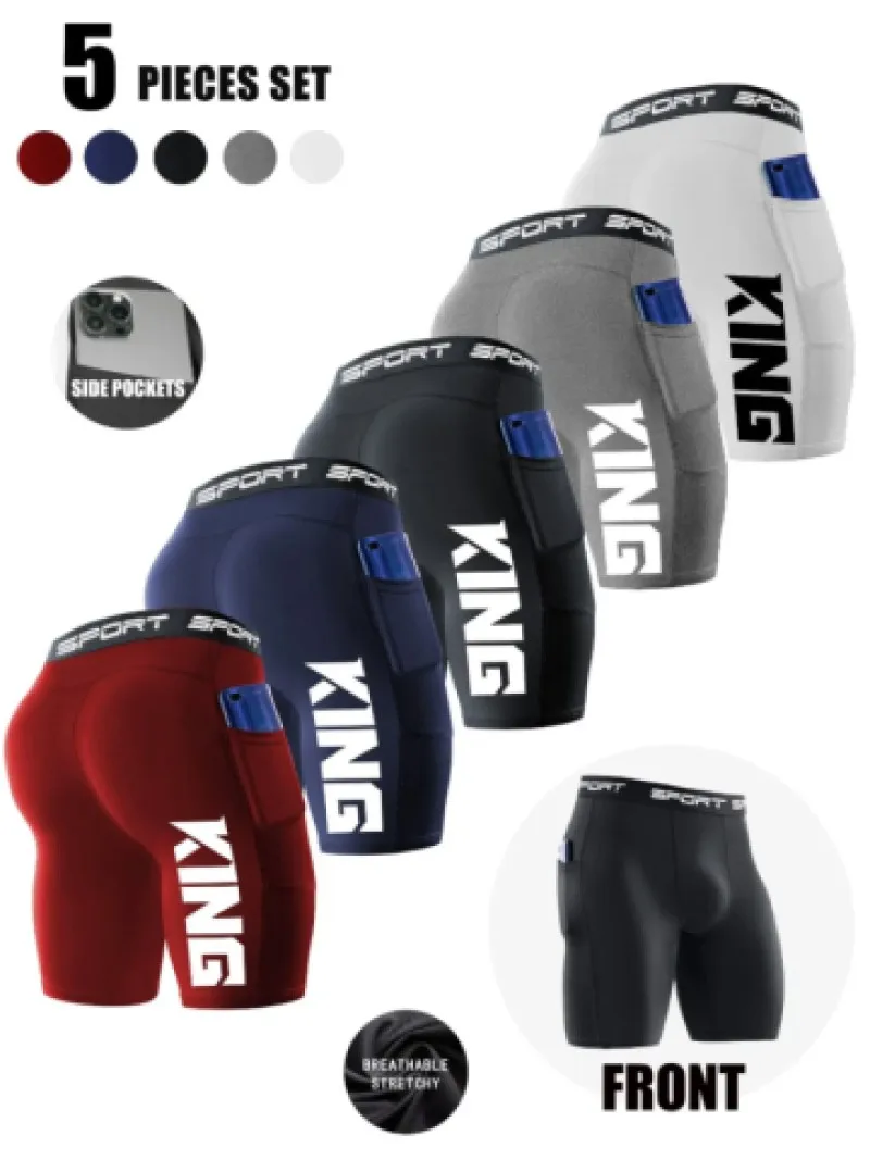

5 - Pack Men's Sport Shorts with Side Pockets, "KING" Print, Elastic Waist, Quick - Dry, Breathable, for Gym, Running