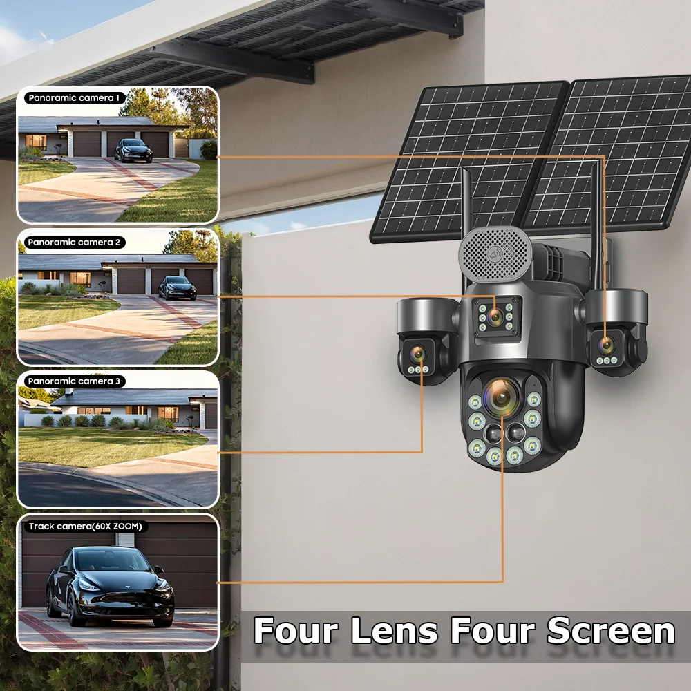 60X Optical Zoom Home Surveillance Solar Cameras 4G Security Protection Auto Track  24/7 Record 4 Screen/4 Lens CCTV PTZ Camera