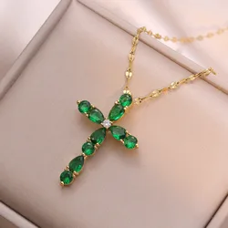 Red Blue Green Crystal Water Drop Stone Cross Pendant Necklaces For Women Vintage Gold Color Stainless Steel Chain Jewelry Gifts