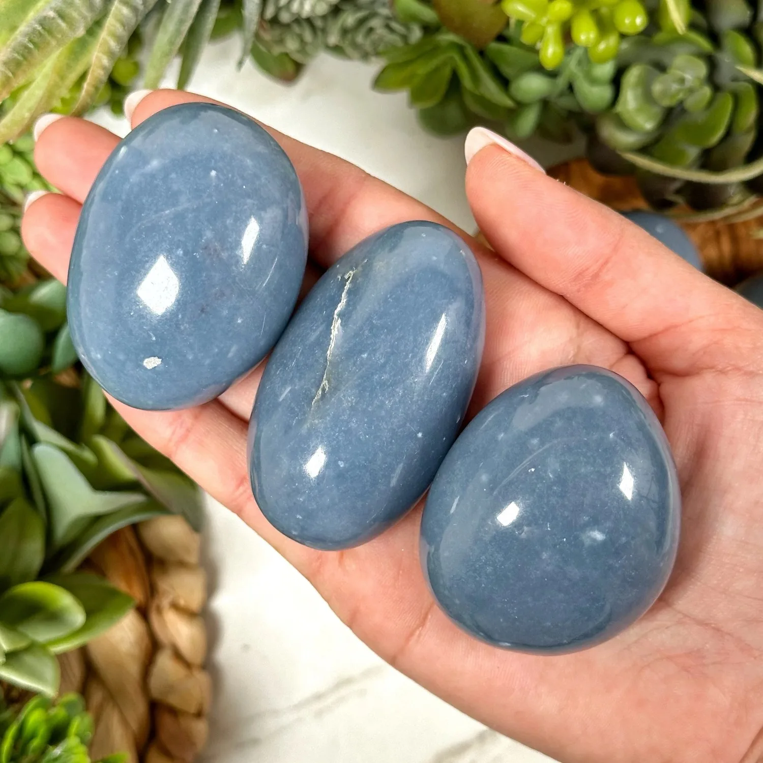 1pc Natural Angelite Palm Stone - a Distinctive High-Quality Rough Blue Angelite - Home Decoration Collection