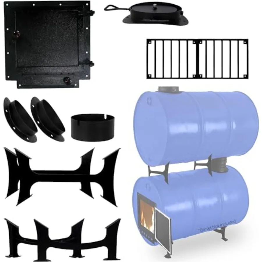 Kit de estufa de leña de barril con rejilla de barril de doble combustión para solución de calefacción eficiente de tambor de 55 galones con puerta de combustión dedicada f