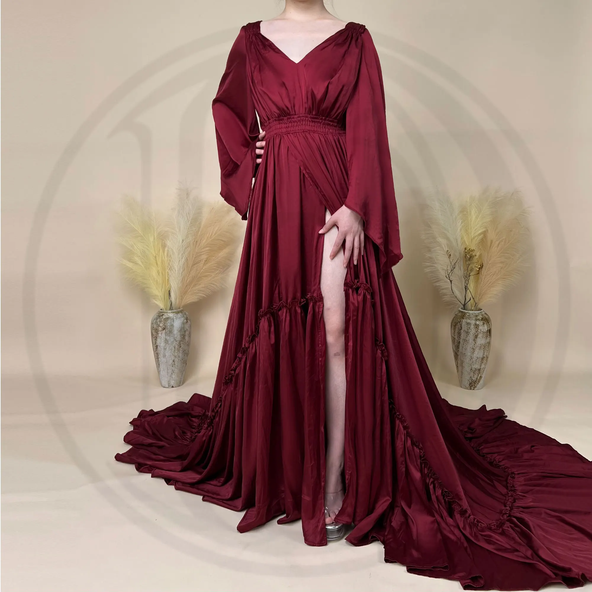 Don&Judy V-Neck Long Sleeve Silk-like Dress for Women Boho Christmas Party Maix Robe Gown Maternity Photoshoot Dresses Prop 2023