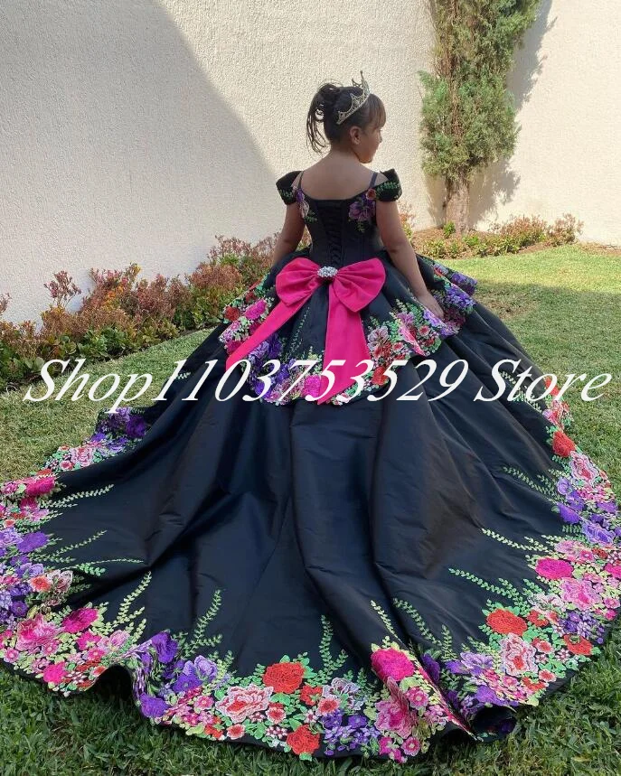 

Black Little Princess Mini Quinceanera Dresses 3D Floral Applique Mexican Charro Bow Infant Flower Girls Dress for Wedding