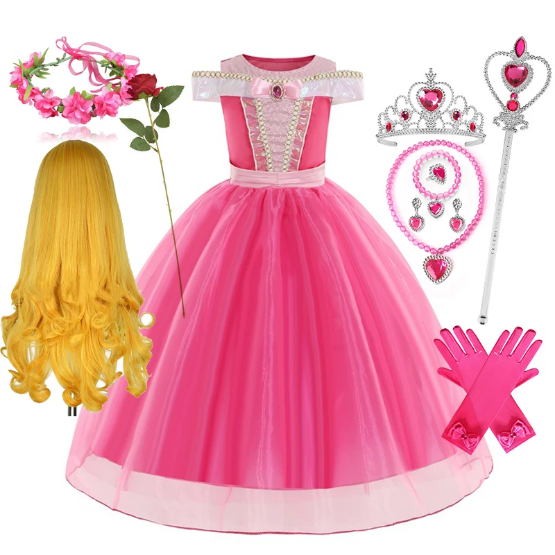 Mädchen Cosplay Dornröschen Aurora Prinzessin Kleid Kleid Ball Kostüm Off Schulter Kinder Rolle Paly Phantasie Party Kinder Kleidung