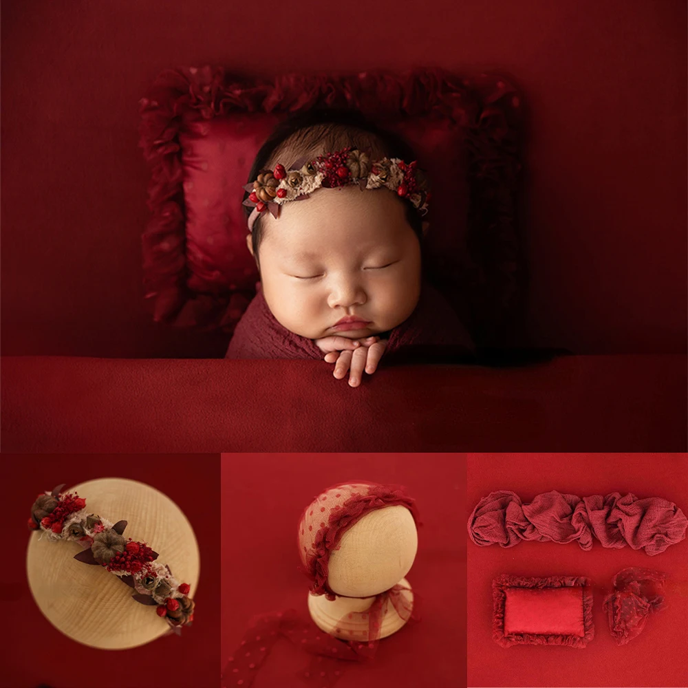 

Newborn Photography Props Wrap Christmas Headband Babies Accessories Set Baby Blanket Lace Hat Pillow Backdrop Photoshoot Studio