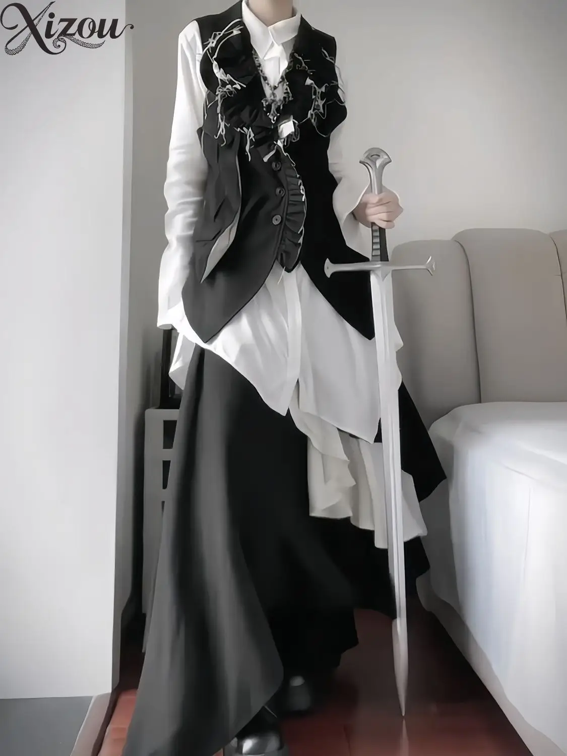 Women Irregular Ruched Waist Long Sleeve Shirt Black White Layer Skirt Pants Two Piece Dark Gothic Designer Outfit Set 2026 view 3