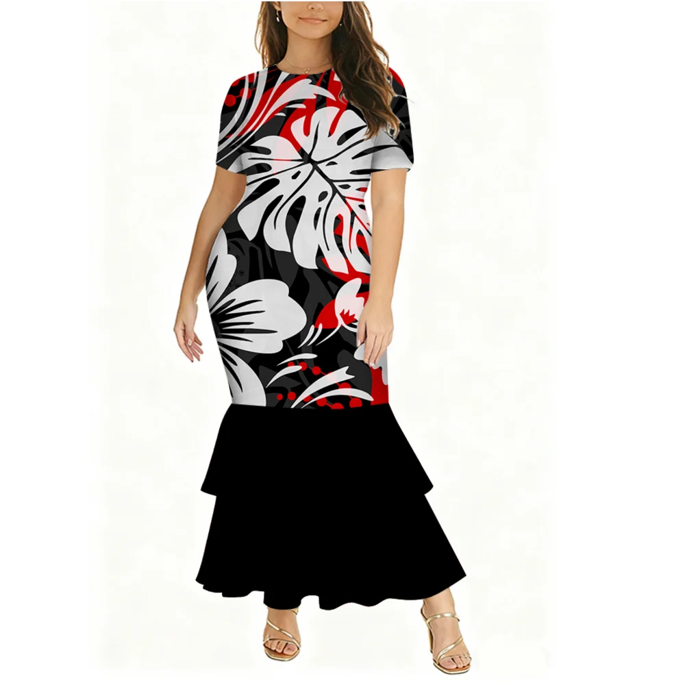 ชุดเดรสสั้นแขนสั้นทรงเข้ารูปคุณภาพสูงสำหรับผู้หญิงสไตล์โพลินีเซีย ซามัว ฟิจิ ตองกา แฟชั่นชุดเดรสยาวคลุมเท้าสำหรับงานเทศกาลและงานปาร์ตี้