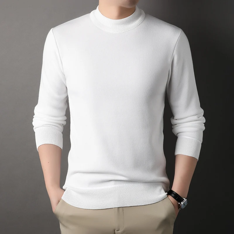 Mens Round Neck Sweater Fleeced Knitwear Solid Color Velvet Jumpers Slim Fit Elegant Luxury Brand Brown Knitted Sweaters