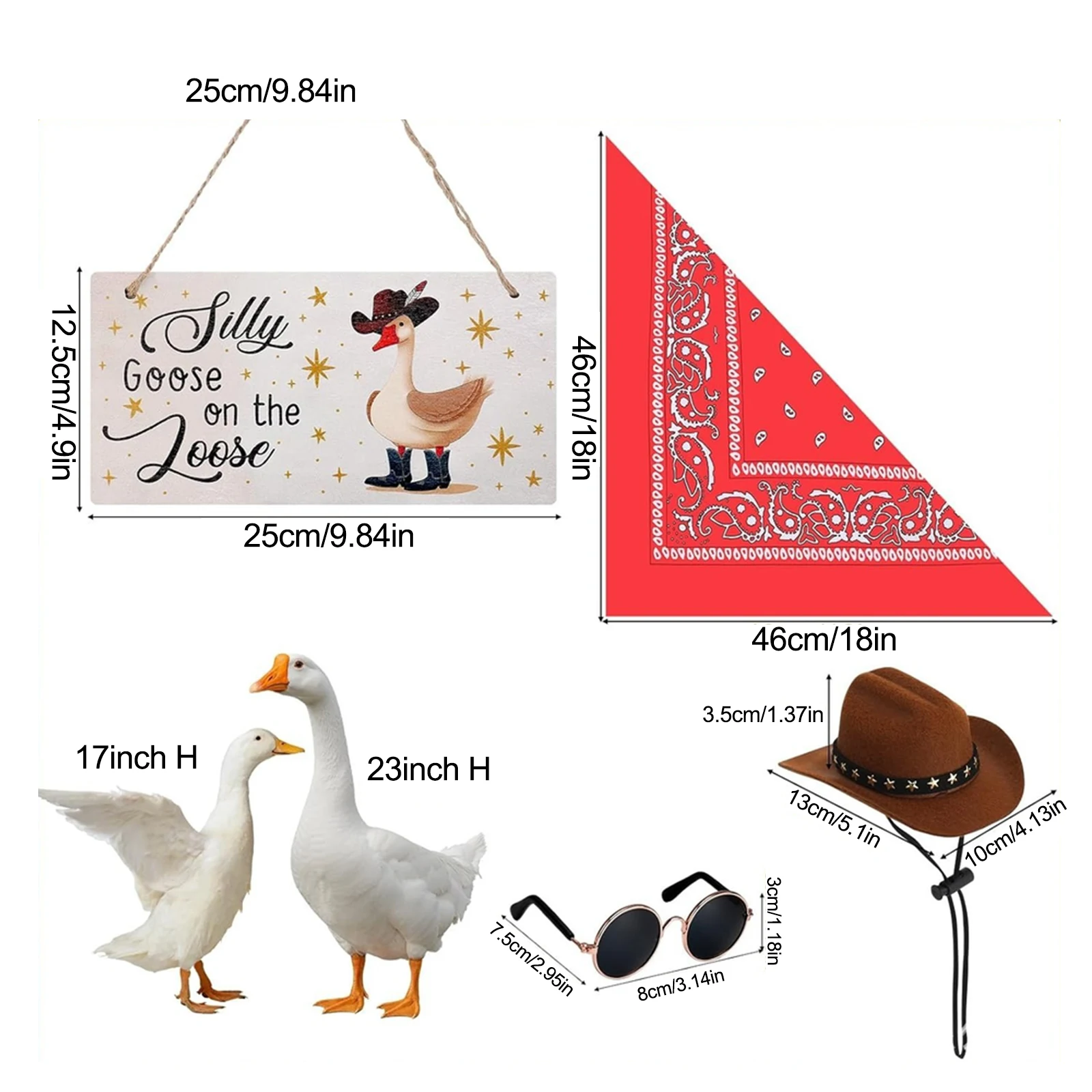 Conjunto de disfraz de ganso con sombrero de vaquero clásico, bandana llamativa y gafas de sol para exhibir en el porche delantero, patio trasero o jardín.