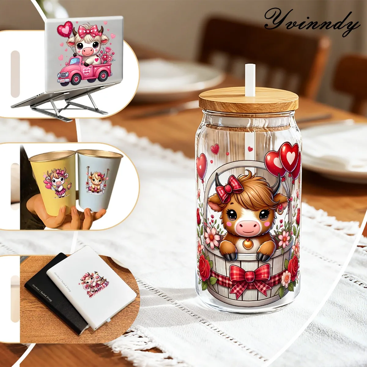 5 ชิ้น/ชุด แก้วลายวัวไฮแลนด์วาเลนไทน์ ขนาด 16 ออนซ์  แบบ UV DTF  ติดแน่นด้วยตัวเอง เหมาะสำหรับตกแต่งแก้วและขวด