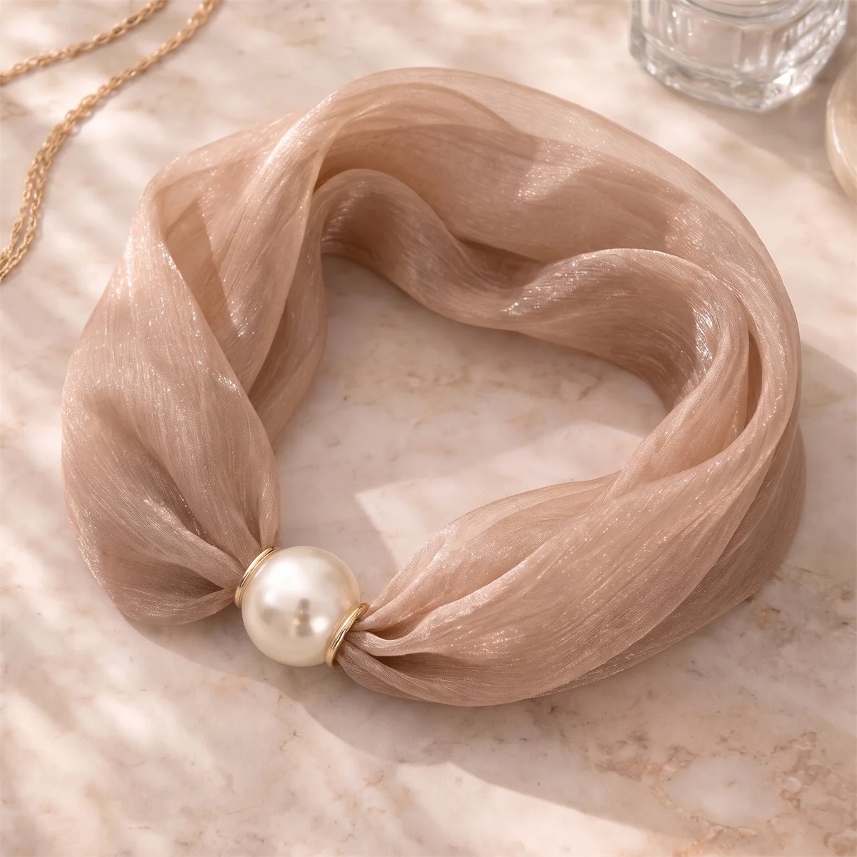 Shimmer Yoryu Chiffon Magnetic Pearl Neck Scarf Women Solid Color Delicate Neck Wrap For Wedding Party Daily Matching
