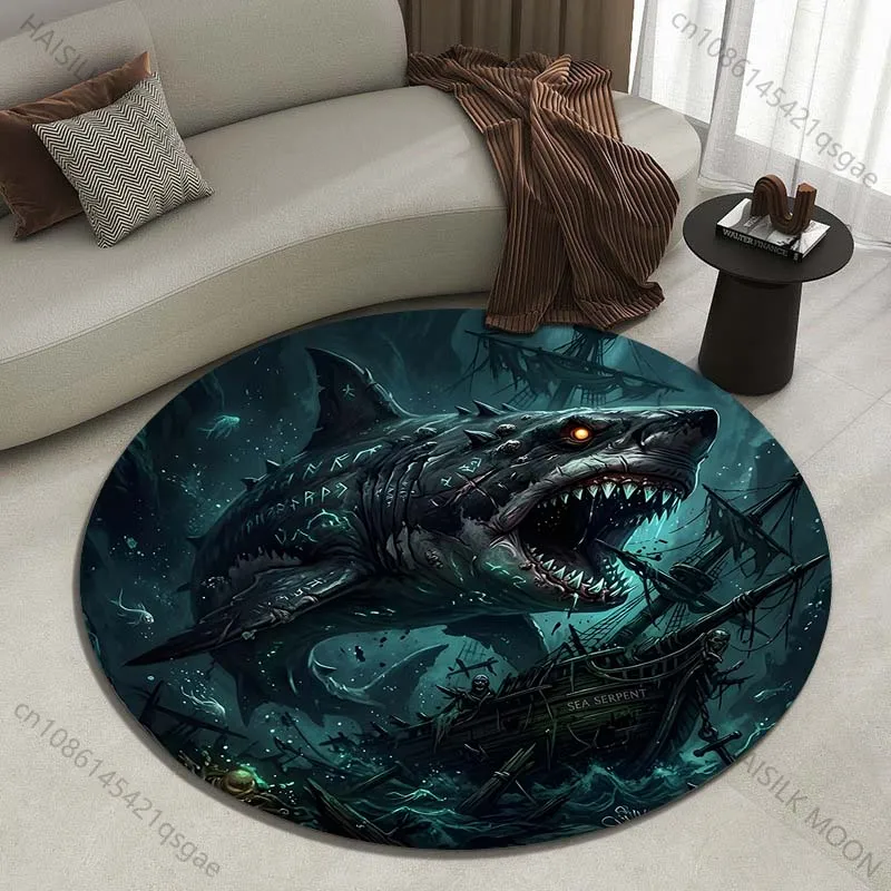 Deep sea giant shark devours ship scene Printed round carpet living room sofa table carpet large pet mat soft round carpet