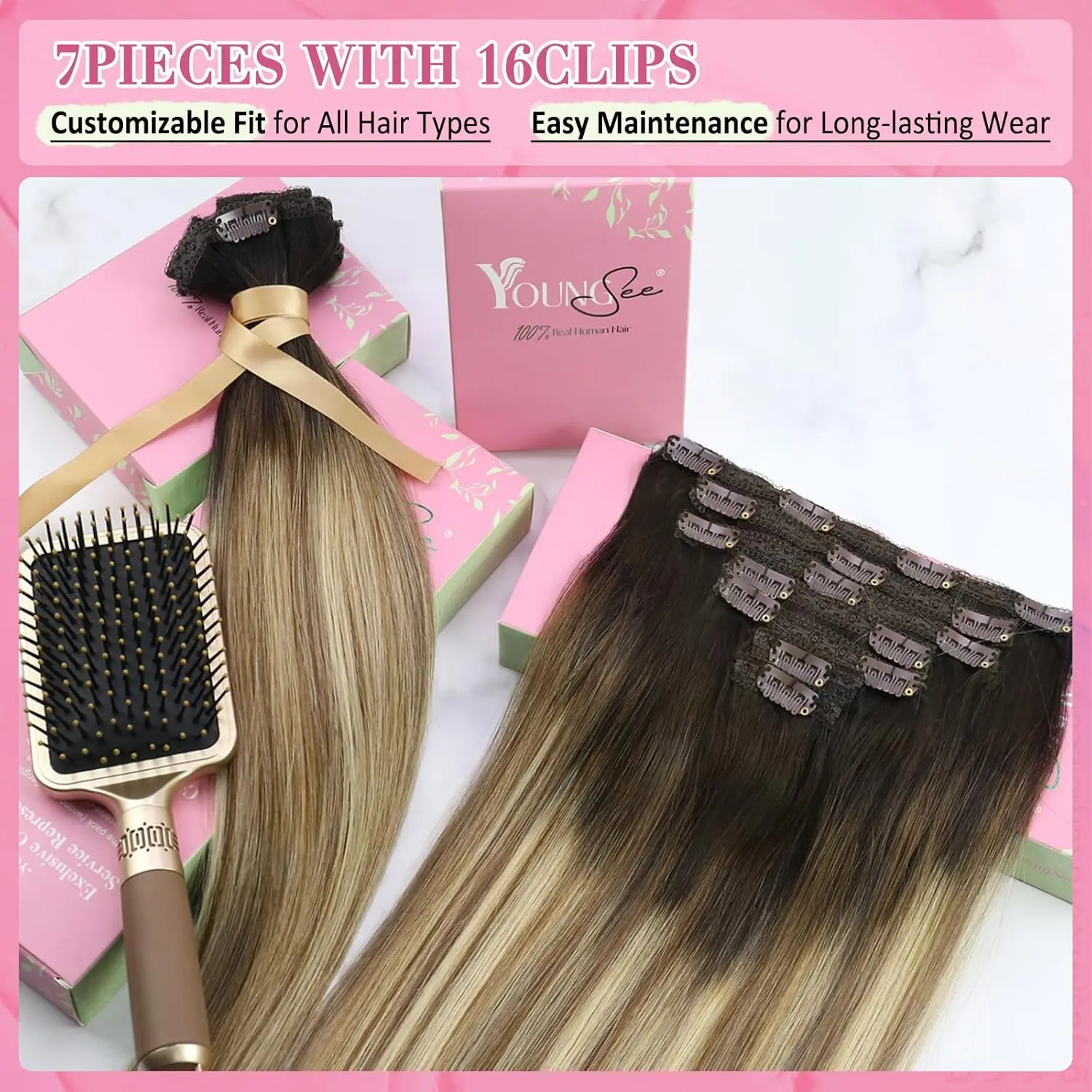 YoungSee Clip in Hair Extensions 100% Real Brazilian Hair Silky Straight Premium Luxurious Salon Quality 14-24inches For Woman