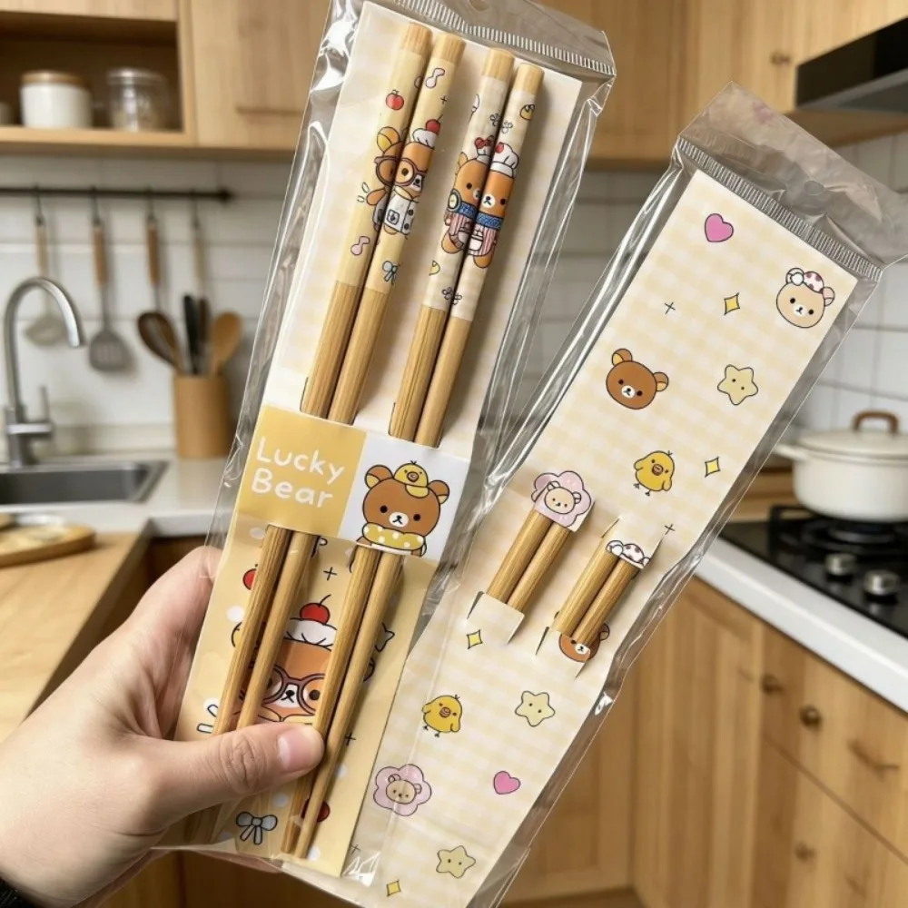 Новые милые палочки для еды Rilakkuma 2026 года, 24 см, из натурального бамбука, нескользящие, многоразовые, для домашнего использования, столовые приборы, кавайные палочки для еды