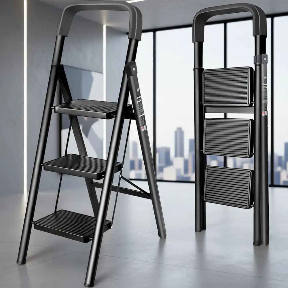 

Легкая трехступенчатая лестница с поручнями и противоскользящими педалями, грузоподъемность 150 кг, для дома или офиса (черная)