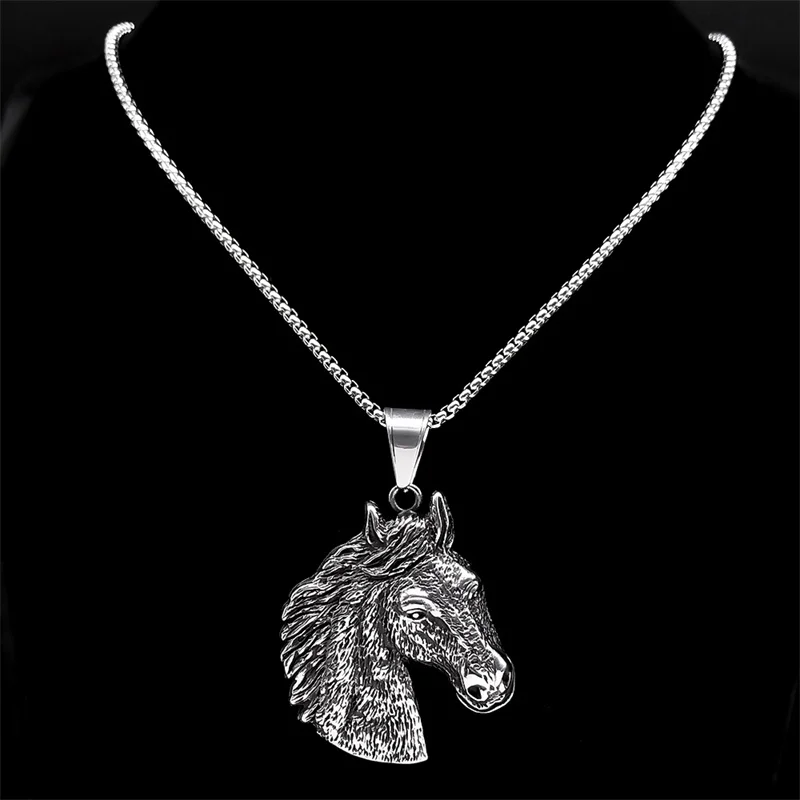 Retro Horses Chain Necklace Stainless Steel Silver Color Animals Pendant for Man Boyfriend Jewelry colar masculino NZZ374S02