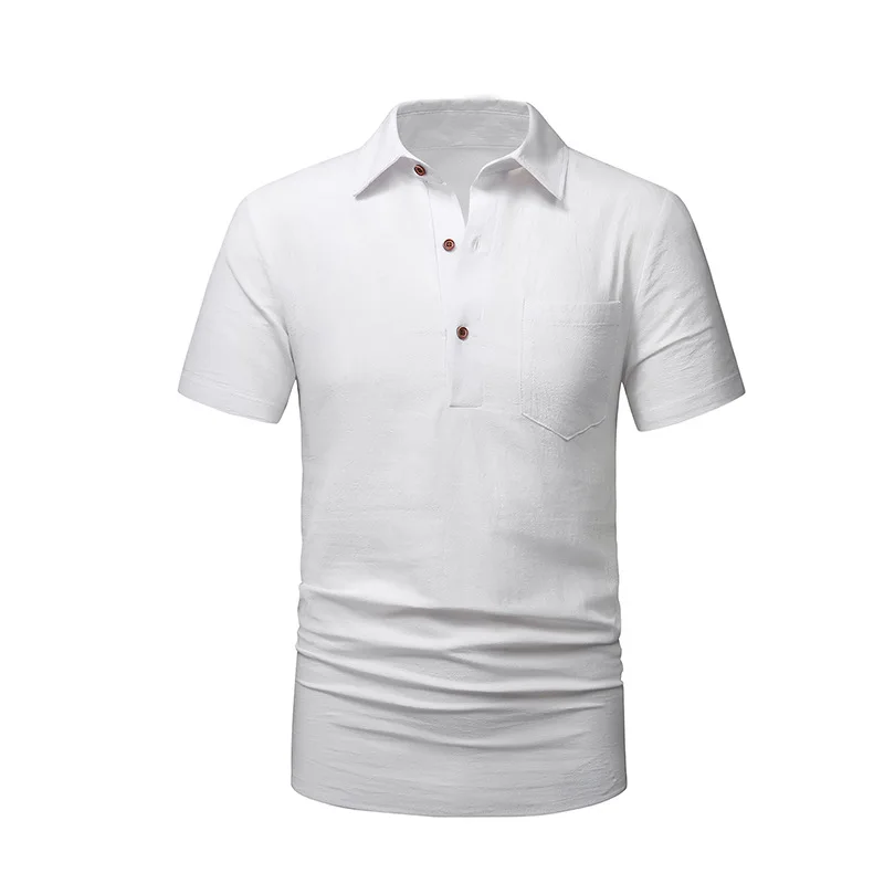 LH130 Men's Cotton and Linen Lapel Single Pocket Beach Shirt Short Sleeve T-shirt Breathable Casual Men