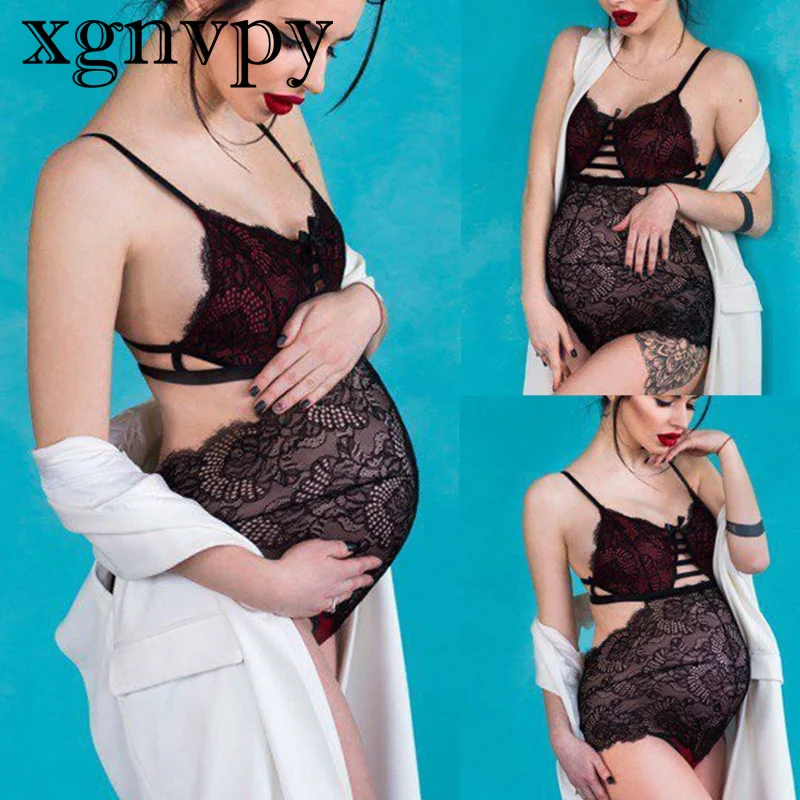 Xgnvpy neue Mode schwangere Frau Pyjamas Spleiß Bodysuit sexy Spitze Dessous Unterwäsche Sommer Schwangerschaft Shooting Kleid Foto