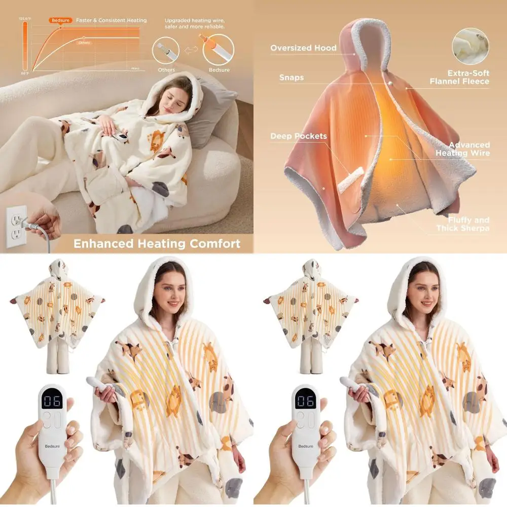 

Electric Heated Shawl Poncho with Auto Shut-Off, Warm Sherpa Hoodie for Women, Winter Gift, 55x64 inches, Printed Cat Design
