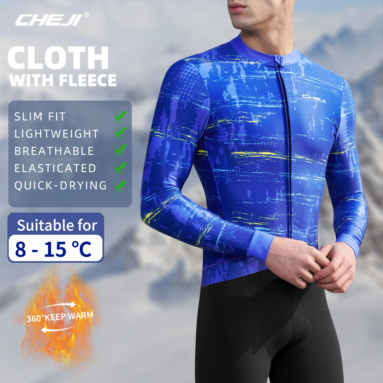 

CHEJI Winter Cycling Jerseys Long Sleeves Full-zips Fleece-Lined Clothing Riding Bike Sports for Men Breathable Slim Equipment