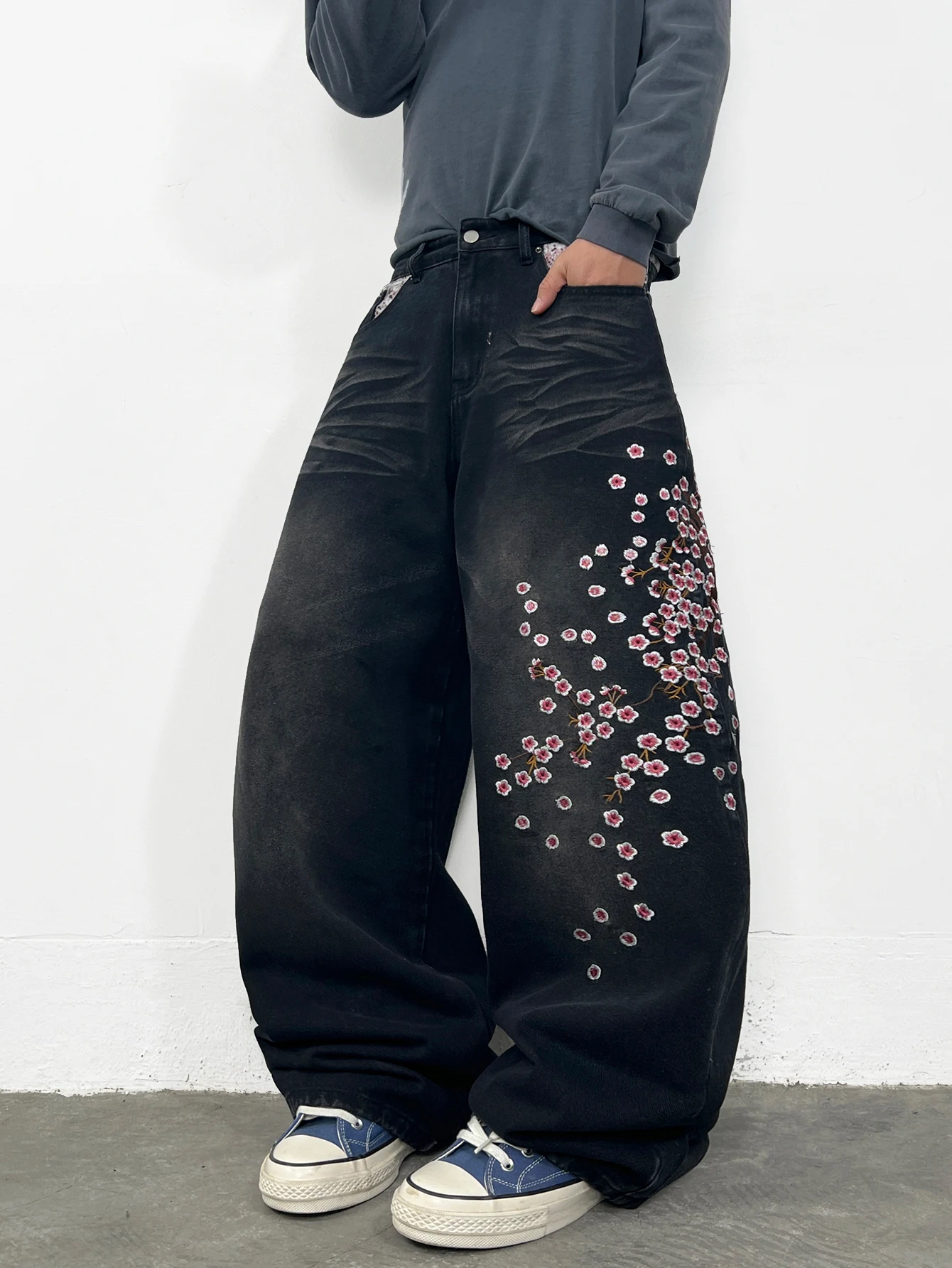 American Retro Floral Embroidery With Pink Leopard Print Patchwork Design Black Baggy Jeans Men Y2K Trendy Street Casual P