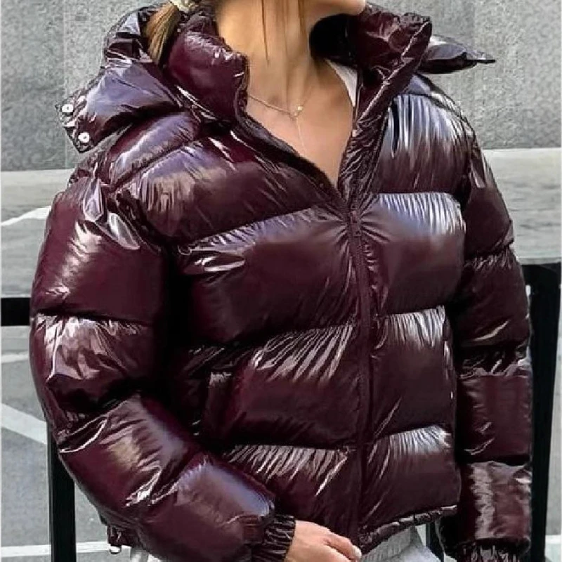 Women's Shiny Cropped Puffer Jacket Hooded Zip Up Glossy Winter Coat Warm Short Outerwear Streetwear