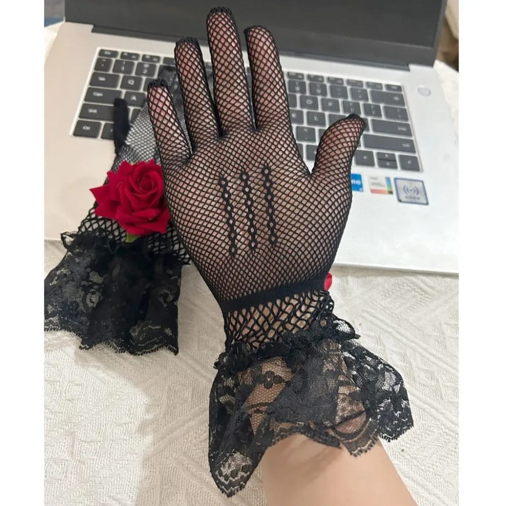 جديد روز زهرة الدانتيل شبكة القفازات تأثيري فستان الحفلات شبكة صيد السمك قفازات التصوير الدعامة الشرير الهيب هوب الزفاف قفازات الزفاف الطرف