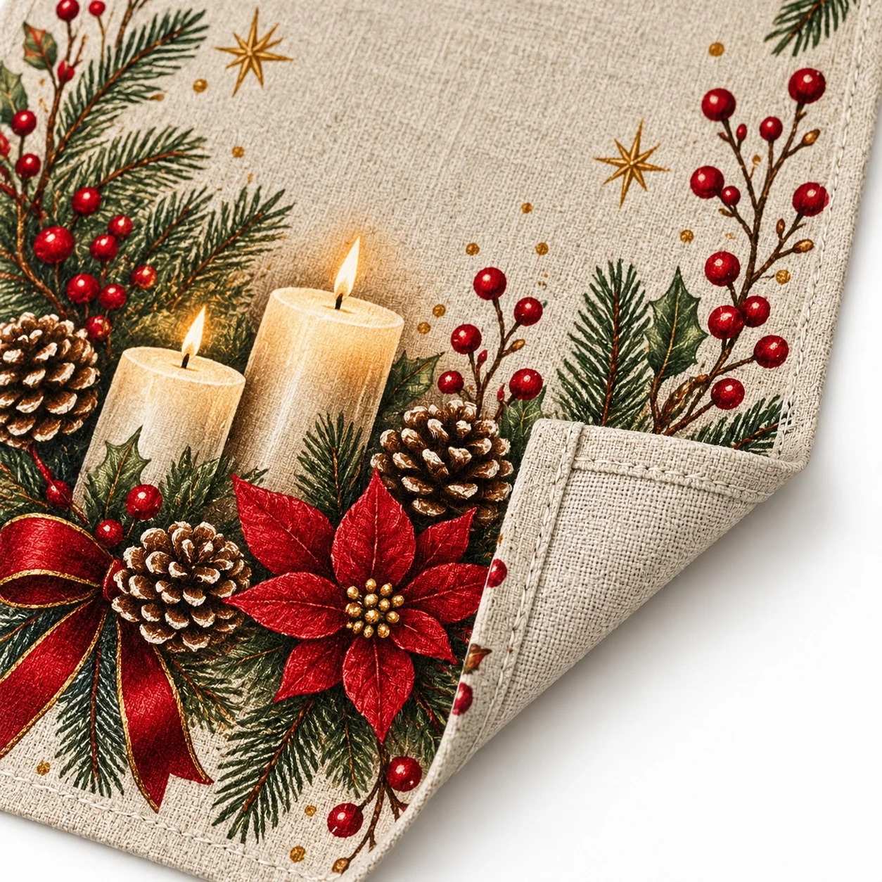Christmas Table Runner Beige Holiday Tablecloth Pine Cone Candle Poinsettia Dining Table Decoration