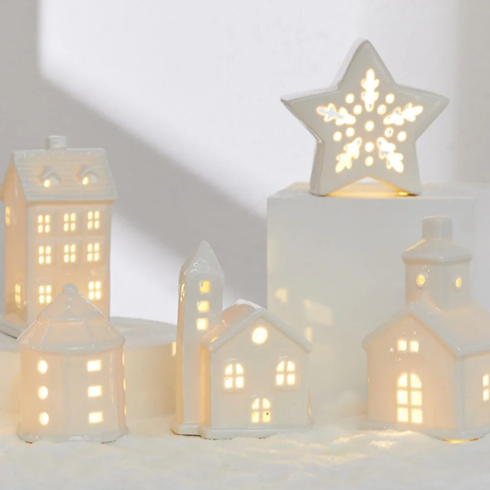 White Christmas Village Houses Ceramic Villa Christmas Village House Porcelain LED Light Up for Xmas Decor Home Table Display